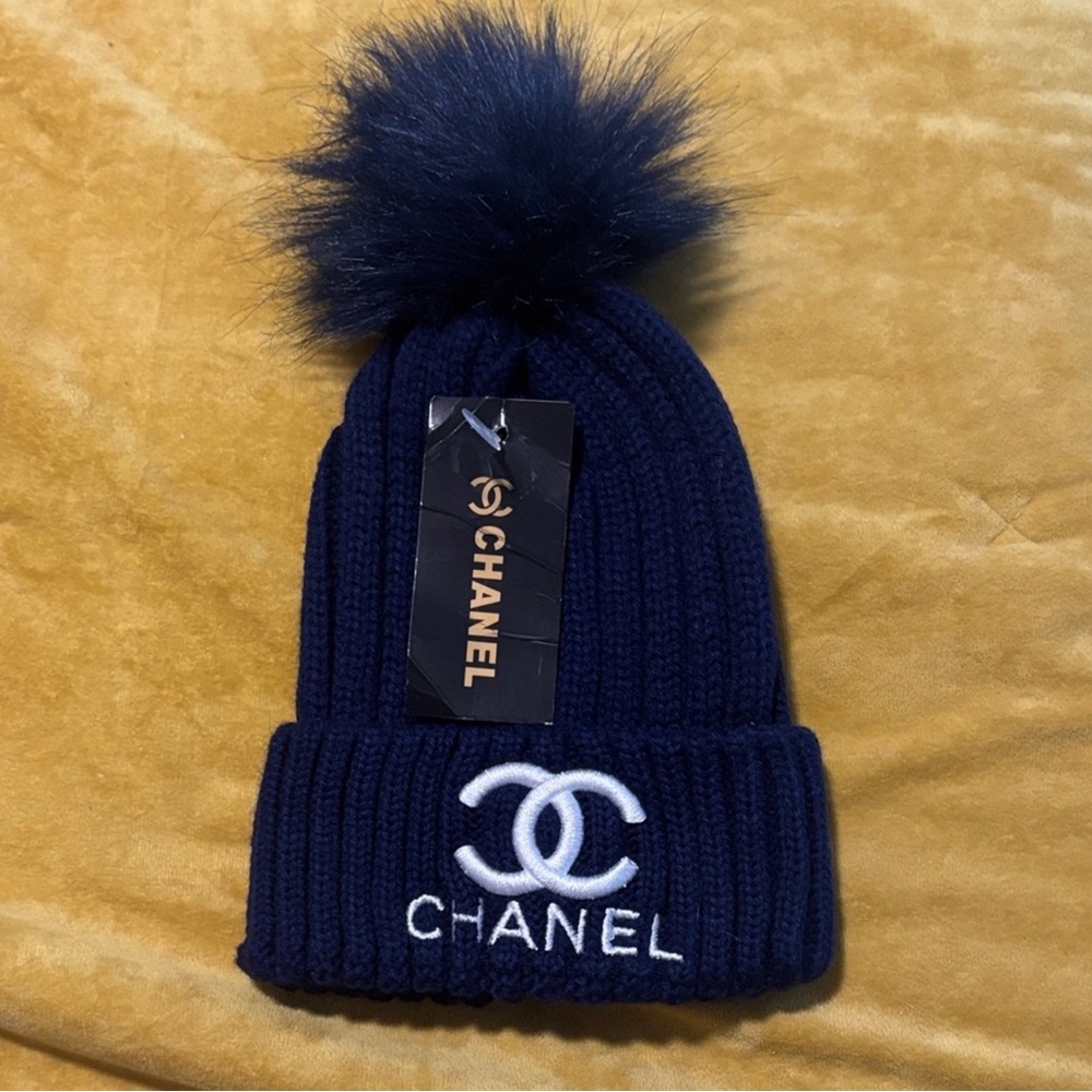 CHANEL Dark Blue Knit Beanie with Pom Pom